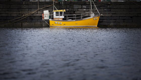 Ein gelbes Fischerboot liegt ruhig am Ufer, umgeben von glitzerndem Wasser und einer steinernen Mauer im Hintergrund.