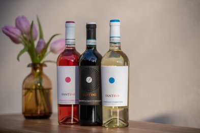 Drei Flaschen Wein der Marke Fantini stehen auf einem Holztisch, umgeben von frischen Tulpen in einer braunen Vase.