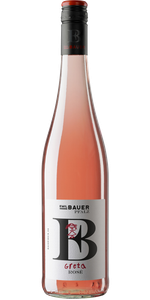 Eine Flasche Roséwein mit einem eleganten Etikett, das den Namen 'Greta' und den Hersteller 'Emil Bauer' zeigt.