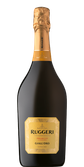 Eine elegante Flasche Ruggeri Prosecco mit goldener Kapsel und auffälligem Etikett, die für festliche Anlässe geeignet ist.