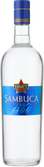 Die Flasche Sambuca zeigt ein modernes Design mit klaren Linien und einem auffälligen Etikett in Blau und Gold.