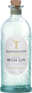 Eine elegante Flasche irischen Gins mit einem Korkenverschluss und einem kunstvollen, botanischen Design auf der Oberfläche.