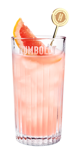 Ein erfrischendes Getränk in einem hohen Glas, gefüllt mit pinkem Cocktail und Eiswürfeln, garniert mit einer Grapefruit-Scheibe.