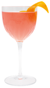 Ein stilvolles Cocktailglas, gefüllt mit einem leuchtend rosa Getränk, das mit einer frischen Orangenschale dekoriert ist.