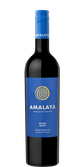 Eine elegante Flasche Rotwein mit blauer Kappe und auffälligem spiralförmigem Logo, die in einem hellen Hintergrund steht.