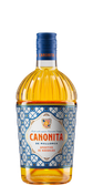 Eine Flasche Canonita Aperitivo de Naranjas mit einem auffälligen blauen und weißen Design, gefüllt mit orangefarbenem Likör.
