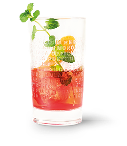 Der Becher enthält ein erfrischendes, rotes Getränk mit Eiswürfeln, dekoriert mit einem Minzblatt und einer Zitrusfrucht.