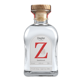 Eine elegante Flasche mit einem Holzverschluss, die klaren Schnaps mit dem Aufdruck 'Z' und 'Sauerkirsch' zeigt.