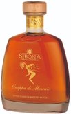 Eine elegante Flasche Grappa di Moscato mit einem Holzverschluss und goldenen Etiketten, die die Marke Sibona zeigt.