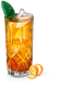 Ein stilvoller Cocktail mit Eiswürfeln, serviert in einem Kristallglas, dekoriert mit einem Minzblatt und einer Orangenschalenspirale.