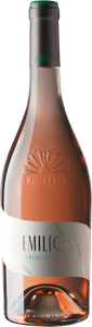 Die Flasche hat eine auffällige rosafarbene Farbe und ein detailliertes Etikett mit dem Namen 'Emilio' und einem Pfau-Design.