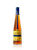Die Flasche Metaxa zeigt ein elegantes Design mit blauer Kappe und goldenen Akzenten, die die 5 Jahre Reifung betonen.