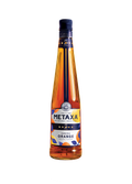 Metaxa, die originale griechische Spirituose, in einer stilvollen Flasche mit dem Schriftzug '5 Sterne' und fruchtigen Illustrationen.