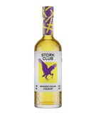 Eine Flasche Stork Club Whiskey Sour Liqueur mit einem auffälligen lila Etikett und einem stilisierten Storch-Logo.