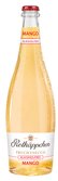 Eine Flasche Rotkäppchen Fruchtsecco mit Mango-Geschmack, die mit Blasen bedeckt ist und einen roten Kronkorken hat.