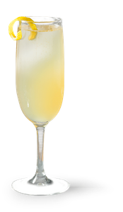 Ein stilvolles Getränk in einem hohen Glas, das mit einer Zitronenschale verziert ist, strahlt Frische und Eleganz aus.