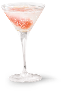 Ein Martini-Glas, gefüllt mit einem sprudelnden Getränk und rosa Früchten, das Eleganz und Genuss ausstrahlt.