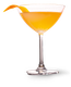 Ein elegantes Cocktailglas mit einem leuchtend orangefarbenen Getränk und einer Orangenschale als Garnitur.