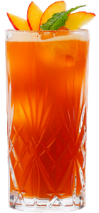 Ein erfrischendes Getränk in einem eleganten Glas, garniert mit frischen Pfirsichscheiben und einem Minzblatt.