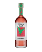 Der Rosé-Aperitif in einer transparenten Flasche zeigt ein kreatives Design mit einem grünen Storch und bunten Akzenten.
