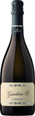 Eine elegante Flasche Prosecco mit einem schwarzen Korken und einem goldenen Etikett, das den Namen 'Giustino B. Ruggeri' trägt.