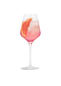 Ein elegantes Glas mit einem pinkfarbenen Getränk, gefüllt mit Eiswürfeln und einer Scheibe Grapefruit am Rand.