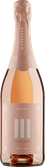 Eine Flasche roséfarbener Sekt mit roséfarbenem Etikett und goldener Schrift, die den Namen 'III Freunde' und die Sorte 'Pinot Noir' zeigt.