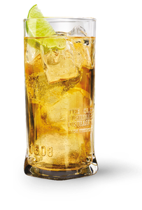 Ein transparentes Glas mit einem alkoholischen Getränk, das Eiswürfel und eine Limette zeigt, strahlt eine einladende Atmosphäre aus.