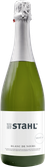 Eine Flasche Sekt mit silberner Kapsel und grünem Glas, beschriftet mit 'Blanc de Noirs' und dem Namen 'Stahl'.