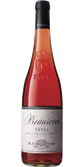 Ein hochwertiger Tavel-Roséwein in einer schlanken Flasche, die mit einem kunstvollen Etikett und einem schwarzen Verschluss versehen ist.