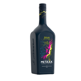 Metaxa Zeus Edition in einer markanten Flasche, die mit einem kreativen, farbenfrohen Muster und dem Schriftzug '12 Sterne' verziert ist.