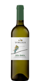 Eine Flasche Teruzzi Isola Bianca mit einem einzigartigen Etikett, das einen lustigen Charakter zeigt, der auf einem Tier reitet.