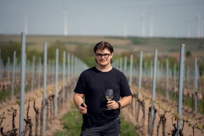 Ein junger Mann steht in einem Weinberg, hält ein Glas Weißwein und eine Flasche in der Hand, umgeben von Reben.