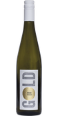 Eine elegante Flasche Weißwein mit einem schlichten, modernen Etikett und einem goldenen Aufdruck, die Trockenheit anzeigt.