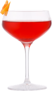 Ein elegantes Cocktailglas mit einem leuchtend roten Getränk, garniert mit einer Orangenschale, strahlt Genuss aus.