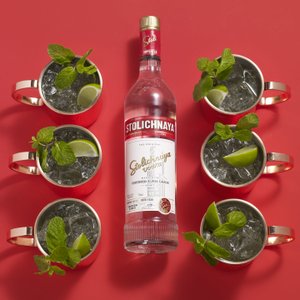 Auf einem leuchtend roten Tisch sind sechs mit Eis gefüllte Becher und eine Flasche Stolichnaya Wodka in der Mitte angeordnet.