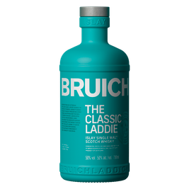 Eine türkisfarbene Whiskyflasche mit dem Namen 'The Classic Laddie' und dem Logo der Bruichladdich-Destillerie.