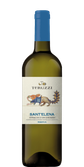 Eine Flasche Vernaccia di San Gimignano mit einem einzigartigen Etikett, das einen fantasievollen Hasen zeigt, der ein Getränk hält.