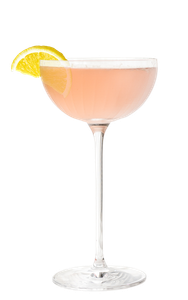 Ein elegantes Cocktailglas mit einem rosa Getränk, garniert mit einer Zitronenscheibe.