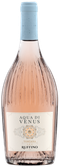 Eine elegante Flasche Roséwein mit einem zarten, geschwungenen Design und einem blauen Korken, die im Licht glänzt.