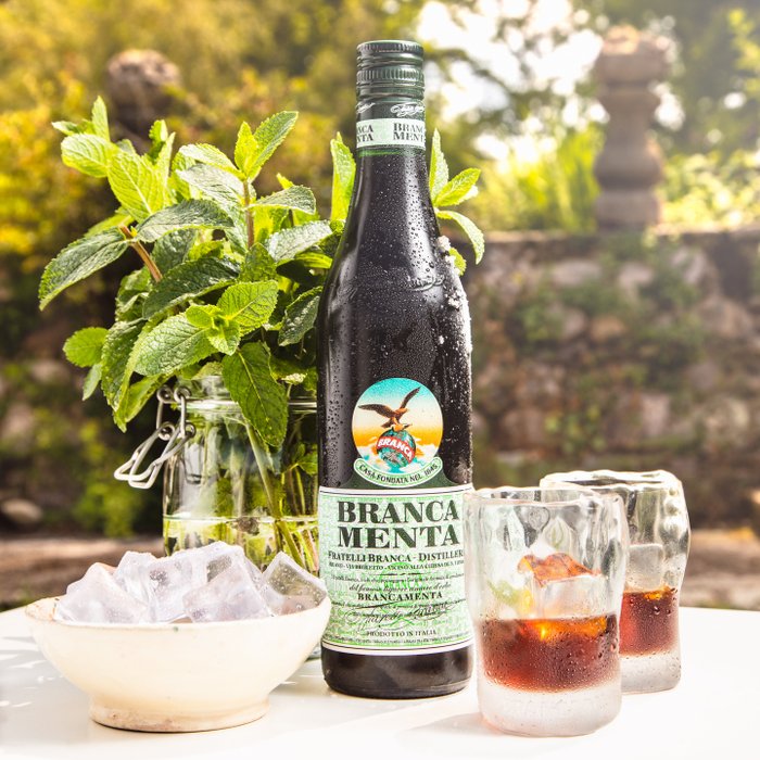 Ein rustikaler Tisch mit einer Flasche Branca Menta, frischen Minzblättern und Gläsern, die auf eine entspannte Atmosphäre hinweisen.