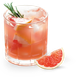 Ein Cocktail mit einer lebhaften rosa Farbe, serviert in einem quadratischen Glas, dekoriert mit Zitrusfrüchten und Kräutern.