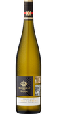 Ein hochwertiger Riesling in einer stilvollen Flasche, die mit einer goldenen Krone und historischen Abbildungen verziert ist.