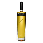 Ein hochwertiger Penderyn Whisky in einer schlanken Flasche, die mit einem schwarzen Etikett und einem goldenen Verschluss versehen ist.