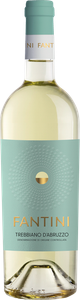 Eine Flasche Fantini Trebbiano d'Abruzzo mit einem blauen Deckel und einem eleganten, weißen Etikett, das den Wein beschreibt.
