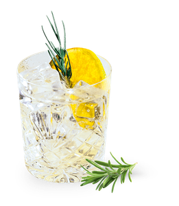 Ein elegantes Glas mit klarem Getränk, gefüllt mit Eiswürfeln, garniert mit einer Zitronenscheibe und frischem Rosmarin.