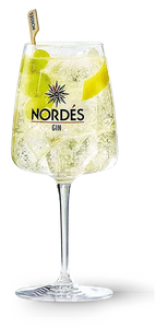 Ein elegantes Glas mit Nordés Gin, gefüllt mit Eis und frischen Limettenscheiben, strahlt Erfrischung und Genuss aus.