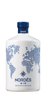 Die Flasche Nordés Gin zeigt eine kreative Darstellung der Weltkarte, umgeben von einem klaren, weißen Hintergrund.