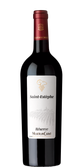 Ein stilvoller Rotwein in einer dunklen Flasche, verziert mit einem goldenen Logo und einer detaillierten Illustration von Weinreben.