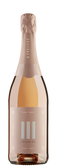 Eine Flasche roséfarbener Sekt mit roséfarbenem Etikett und goldener Schrift, die den Namen 'III Freunde' und die Sorte 'Pinot Noir' zeigt.